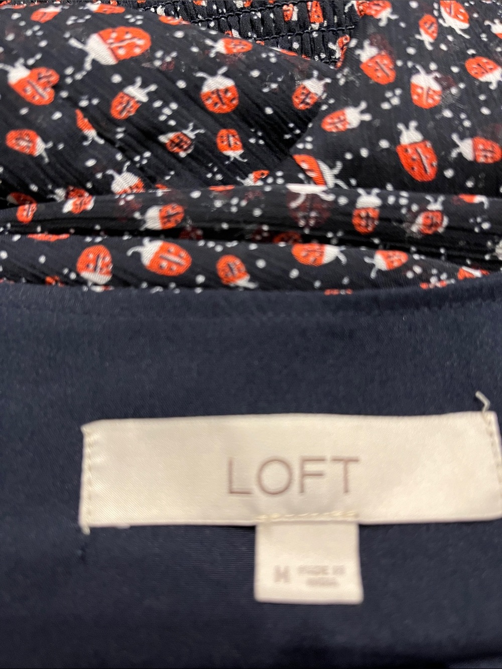 LOFT Ladybug print chiffon dress navy red long sleeves size M - Picture 4 of 5